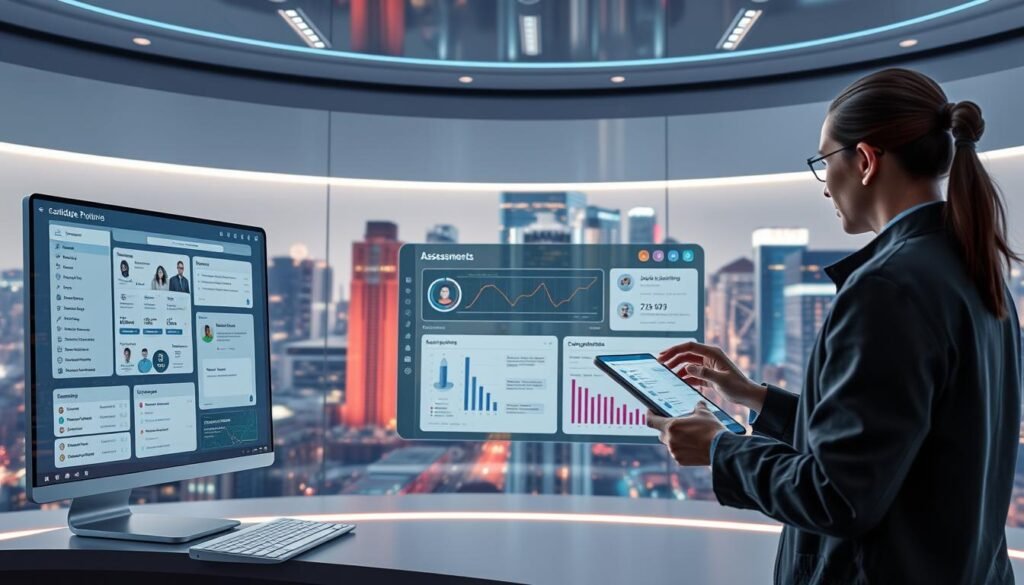 A futuristic and immersive candidate experience platform, showcasing a sleek and intuitive interface. In the foreground, a job seeker navigates through seamless application and assessment processes, with smooth transitions and engaging visual cues. The middle ground features an interactive dashboard, displaying personalized job recommendations and progress tracking. In the background, a vibrant cityscape backdrop sets the scene, highlighting the platform's ability to connect candidates with opportunities across diverse industries. Soft, directional lighting illuminates the scene, creating a sense of professionalism and innovation. The overall atmosphere conveys a streamlined, user-centric approach to modern recruitment, empowering candidates and simplifying the hiring process.