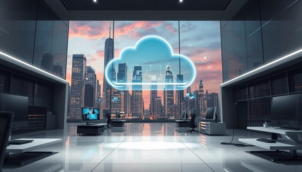 A futuristic cloud telephony platform hovers amidst a sleek, minimalist office environment. Streamlined hardware devices and holographic interfaces populate the foreground, while a background of towering skyscrapers and a vibrant skyline sets the scene. The lighting is soft and diffused, creating an atmosphere of technological elegance. The camera angle is slightly elevated, allowing the viewer to take in the integrated, seamless nature of this cutting-edge communication system. The overall impression is one of efficiency, innovation, and a smooth, effortless user experience.