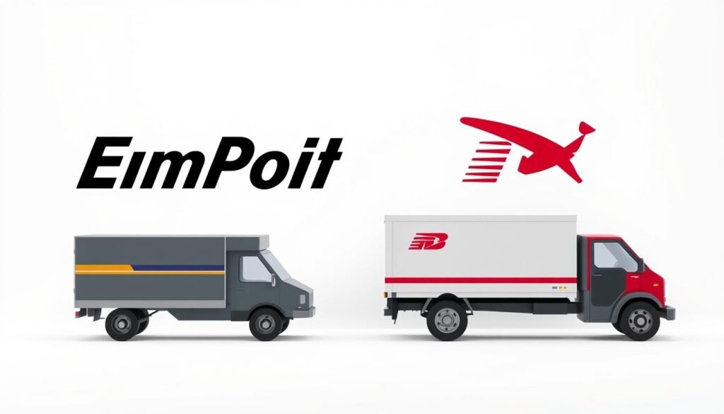 A high-resolution, photorealistic image of a side-by-side comparison of popular e-commerce shipping carriers, presented in a sleek, minimalist style. The carriers' logos and service icons are prominently displayed against a clean, white background, allowing the details to take center stage. The image is lit from the left, creating a sense of depth and highlighting the carriers' distinctive branding. The overall composition is balanced and visually appealing, showcasing the key differentiators between the shipping options in a clear and concise manner.