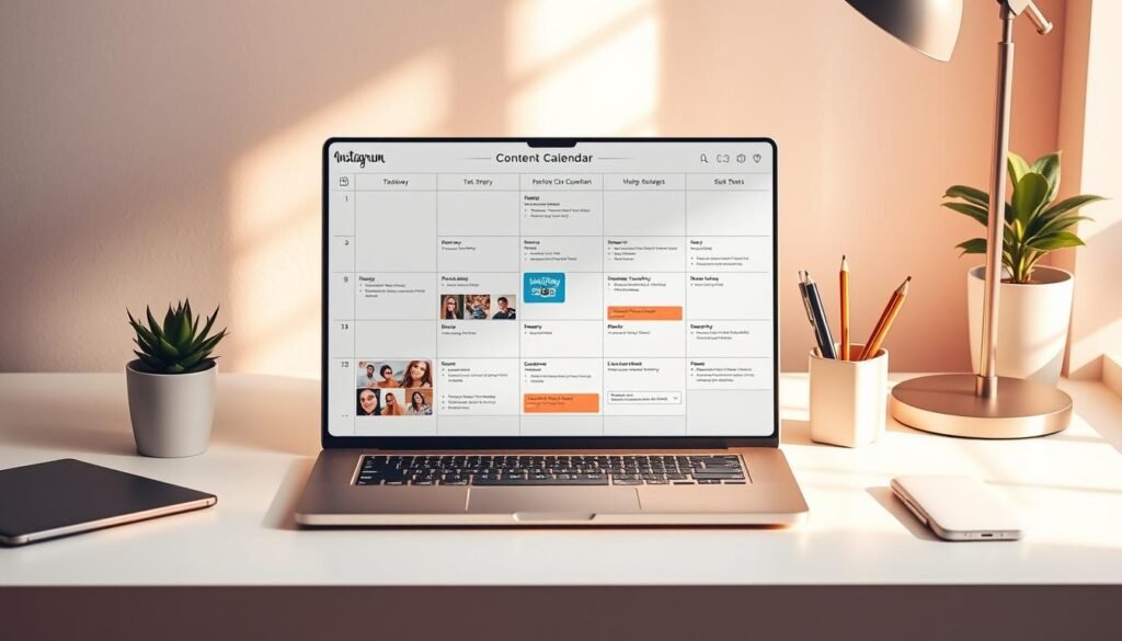 A meticulously designed Instagram content calendar displayed on a sleek, minimalist desktop setup. The calendar features a clean, grid-like layout with colorful icons and well-organized sections for planning posts, Stories, and other social media content. The desk surface is illuminated by warm, natural lighting, casting a soft glow on the calendar and surrounding accessories, such as a modern laptop, a stylish pen holder, and a potted plant. The overall atmosphere is one of productivity, organization, and a thoughtful approach to social media management.