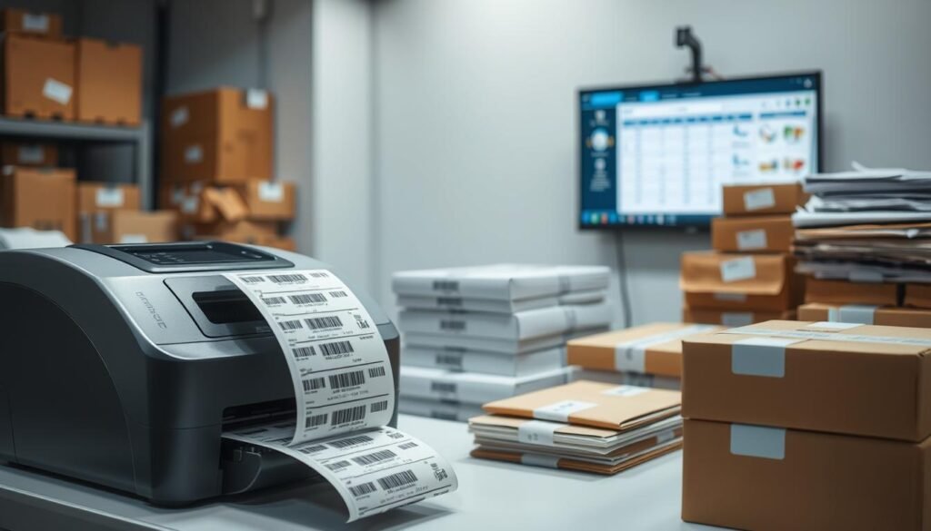 A modern and efficient bulk shipping label printing station. In the foreground, a high-resolution thermal label printer rapidly churns out adhesive shipping labels, their barcodes and tracking information clearly visible. The printer is situated on a clean, organized desk, surrounded by stacks of cardboard boxes and envelopes ready for dispatch. Soft, directional lighting illuminates the scene, casting subtle shadows that convey a sense of professionalism and productivity. In the background, a wall-mounted monitor displays a shipping management software interface, providing real-time tracking and order fulfillment data. The overall atmosphere is one of a well-oiled e-commerce logistics operation, ready to efficiently handle high-volume shipping demands.