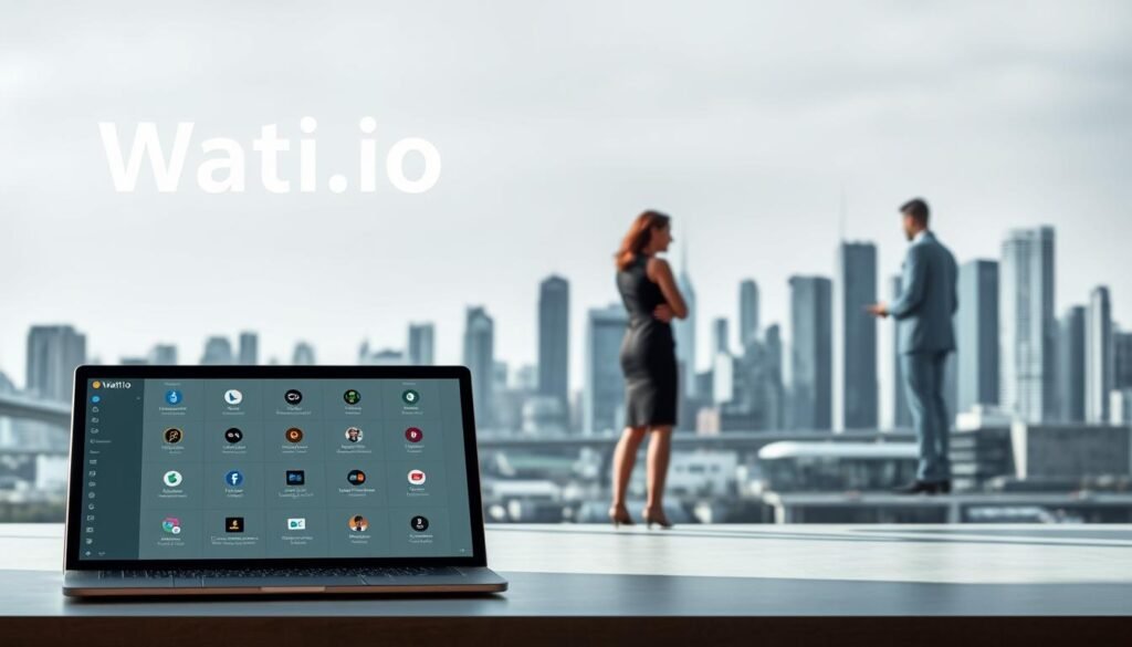 A modern business landscape with Wati.io's pros and cons prominently displayed. In the foreground, a sleek, minimalist interface showcases Wati.io's intuitive user experience, with icons and UI elements arranged harmoniously. In the middle ground, a group of diverse professionals collaborating, highlighting Wati.io's collaborative features. In the background, a city skyline with towering skyscrapers, symbolizing Wati.io's enterprise-level capabilities. Soft, diffused lighting casts a professional, yet approachable atmosphere. The composition strikes a balance between Wati.io's strengths and weaknesses, inviting the viewer to explore the nuances of this modern business solution.