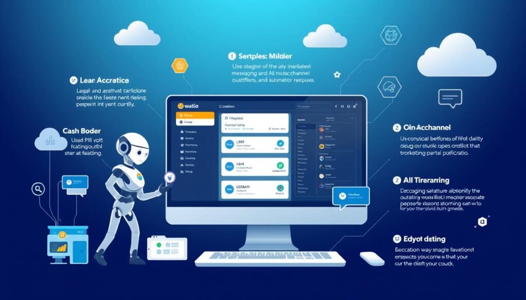 A modern, clean, and detailed illustration of the key features of the Wati.io platform. In the foreground, showcase the platform's core capabilities, such as its powerful chatbot builder, omnichannel messaging, and AI-driven automation. In the middle ground, depict the intuitive user interface and dashboard, highlighting the platform's user-friendly design. In the background, include subtle visual elements that convey the platform's cloud-based nature, scalability, and integration with third-party services. Use a vibrant, professional color palette and clean, geometric shapes to create a visually striking and informative image that captures the essence of Wati.io's innovative business solutions.