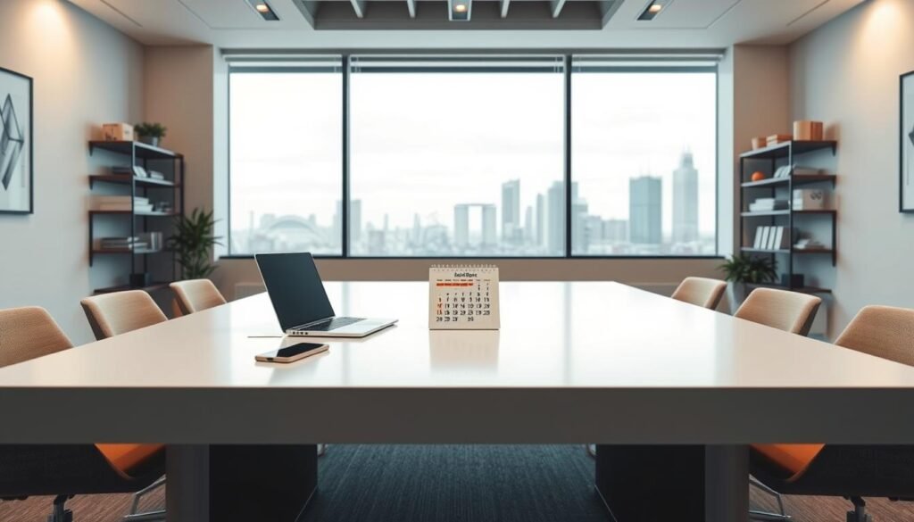 A modern, clean-looking office interior with a large table at the center. On the table, there is a laptop, a calendar, and a smartphone, all arranged neatly. The walls are adorned with minimalist artwork and shelves displaying office supplies. The lighting is soft and diffused, creating a calm and productive atmosphere. In the background, a large window overlooks a cityscape, hinting at the efficient, tech-savvy nature of the workspace. The scene conveys the idea of a streamlined, automated interview scheduling system that makes the recruiter's job easier.