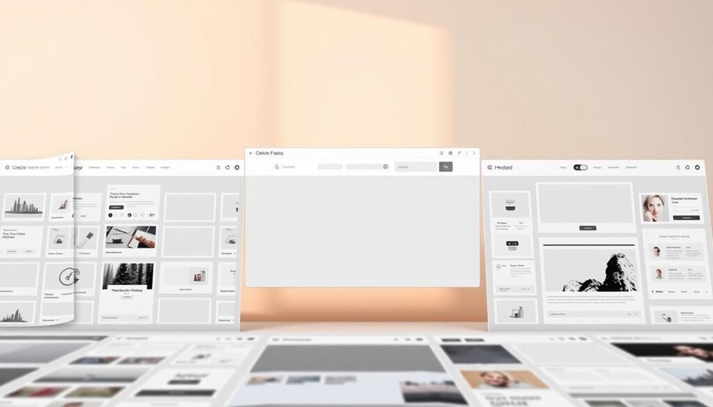 A modern, minimalist drag-and-drop interface with a clean, intuitive layout. The foreground features a grid of customizable website elements, allowing seamless arrangement and manipulation. In the middle ground, a large central preview pane showcases the final website design. The background is a soft, neutral gradient, drawing the eye to the interactive interface. Warm, natural lighting casts a gentle glow, creating a professional, polished atmosphere. The overall impression is one of streamlined efficiency and user-friendly web design capabilities.