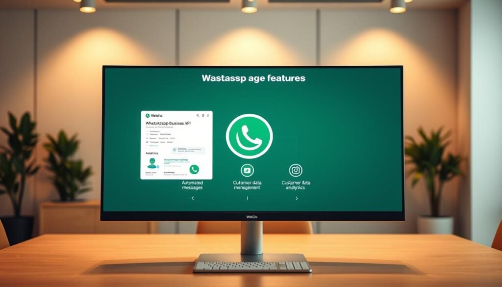 A modern, minimalist office setting with a large computer screen showcasing the key features of the WhatsApp Business API. The screen displays sleek, intuitive user interface elements and icons representing automated messaging, customer data management, and analytics capabilities. Warm, soft lighting illuminates the scene, creating a professional and inviting atmosphere. The background is slightly blurred, keeping the focus on the screen and the core features being highlighted. The overall composition conveys the simplicity and power of the Wati.io platform in streamlining business messaging workflows.