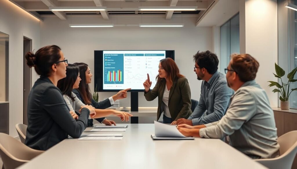 A modern office setting with a team gathered around a table, intently reviewing a report displayed on a large screen. The lighting is soft and professional, with a mix of direct and indirect sources casting a warm glow. The room's neutral tones provide a calm, focused atmosphere. In the foreground, team members point and gesture, engaged in lively discussion, their body language suggesting active collaboration and critical analysis of the assessment results shown on the screen. The background features sleek, minimalist furnishings and decor, hinting at a cutting-edge, technology-driven workspace. An air of diligence and productivity permeates the scene, reflecting the importance of effectively utilizing performance evaluation data to drive organizational improvement.