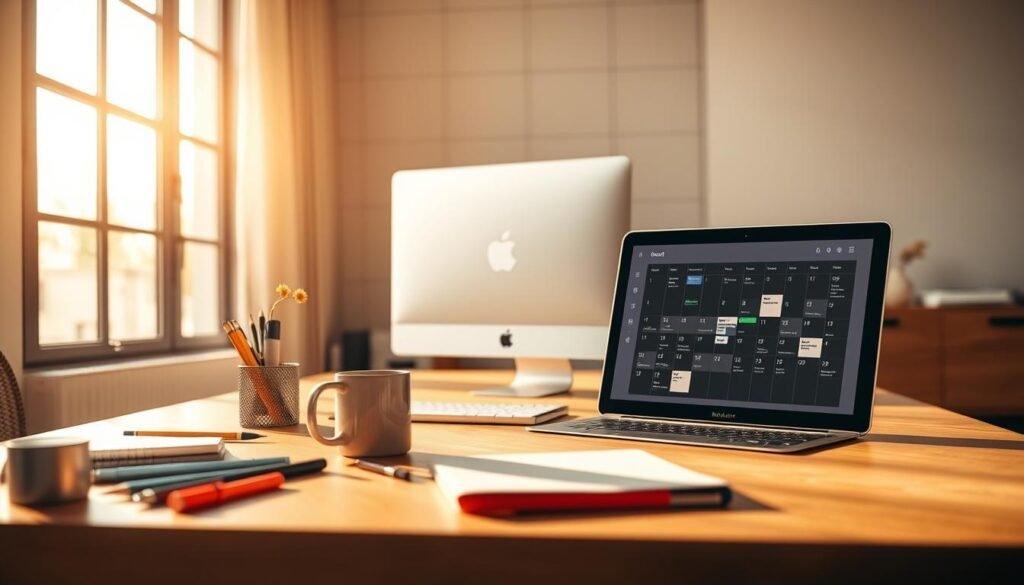 A modern office workspace with a large desk, a laptop, and a tablet displaying a digital calendar. The scene is bathed in warm, natural lighting from a nearby window, creating a cozy and productive atmosphere. In the foreground, various office supplies and a coffee mug are neatly arranged, hinting at the seamless integration of email and calendar functionalities. The middle ground features a sleek, minimalist computer setup, while the background showcases a clean, minimalist interior design with neutral tones and subtle, geometric patterns on the walls, creating a sense of organization and efficiency.