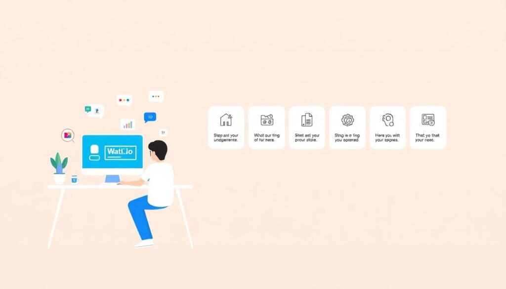 A modern, stylized illustration depicting the process of getting started with Wati.io. In the foreground, a person sits at a minimalist desk, intently focused on a laptop screen displaying the Wati.io interface. Surrounding them, a collection of clean, geometric shapes and icons representing various Wati.io features and tools. In the middle ground, a series of step-by-step instructions or infographic elements guide the viewer through the initial setup process. The background is a simple, gradient-based color scheme with subtle textural elements, creating a sleek, professional atmosphere. The overall composition should convey a sense of productivity, ease of use, and the seamless integration of Wati.io into a modern business workflow.