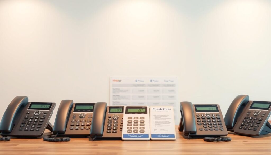 A neatly arranged table showcasing various business phone pricing plans, set against a clean, minimalist backdrop. The foreground features a series of modern, sleek handsets in shades of gray and silver, with their plans and pricing options displayed in a clear, organized manner. The middle ground includes a subtle grid-like layout, highlighting the different packages and their corresponding features. The background has a soft, out-of-focus quality, creating a sense of depth and emphasizing the focal point of the pricing information. The overall scene conveys a professional, corporate atmosphere, with gentle lighting from above casting a warm, inviting glow across the entire composition.