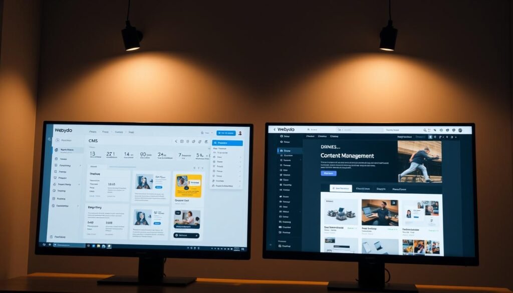 A professional dual-screen web interface showcasing the Webydo content management system (CMS) and design management system (DMS). The left screen displays the CMS dashboard with intuitive page and content editing tools, while the right screen reveals the DMS with a visually-rich design canvas and customization options. Sleek typography, muted color tones, and clean layouts convey Webydo's emphasis on simplicity and user-friendliness. Subtle lighting from above casts a warm glow, creating a cohesive, modern aesthetic. The overall composition focuses on the core functionality and seamless integration of Webydo's comprehensive website building platform.