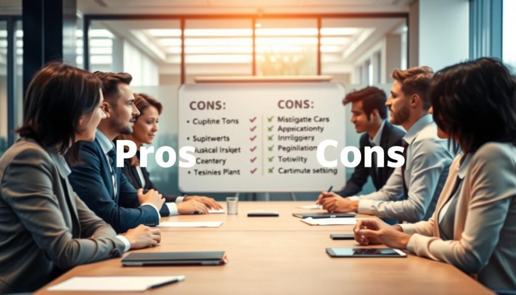 A professional office setting with a central table, showcasing a visual representation of the pros and cons of business communication. In the foreground, a group of business professionals engaged in a lively discussion, their expressions and body language conveying the positive and negative aspects of their interactions. The middle ground features a whiteboard with bullet points outlining the key points, while the background is softly blurred, creating a sense of focus on the central subject matter. The lighting is warm and natural, highlighting the collaborative atmosphere. The image should convey the nuanced perspectives and considerations surrounding effective business communication.