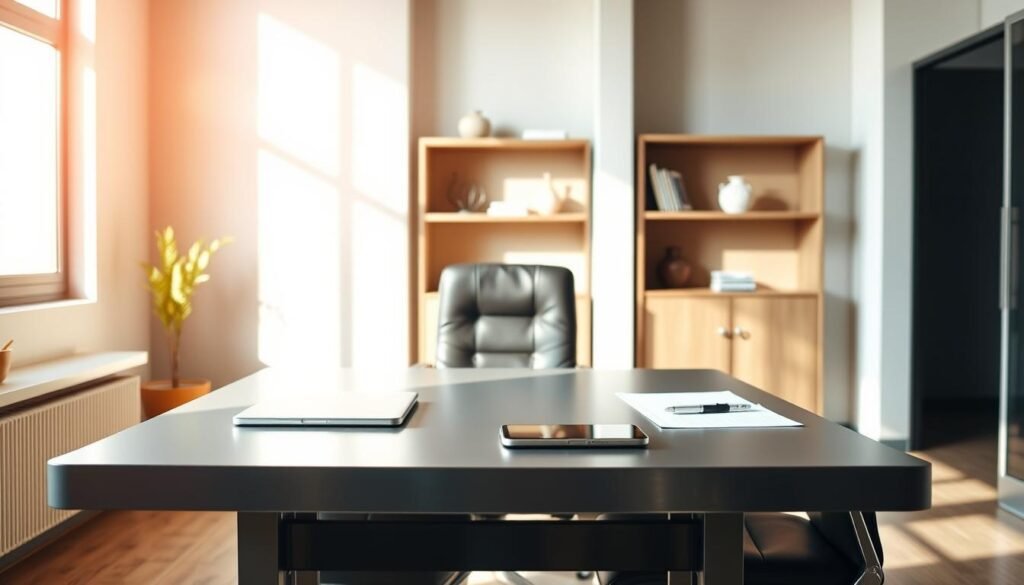 A professional, well-lit office setting with a modern, minimalist aesthetic. In the foreground, a sleek, metallic desk with a laptop, smartphone, and a few neatly arranged office supplies. The desk is positioned in front of a large window, allowing natural light to flood the space. In the middle ground, a leather office chair and a simple, yet elegant bookshelf adorned with a few decorative elements. The background features a clean, neutral-toned wall, creating a sense of focus and clarity. The overall mood is one of efficiency, professionalism, and a considered approach to business operations, reflecting the verdict on the Wati.io platform.