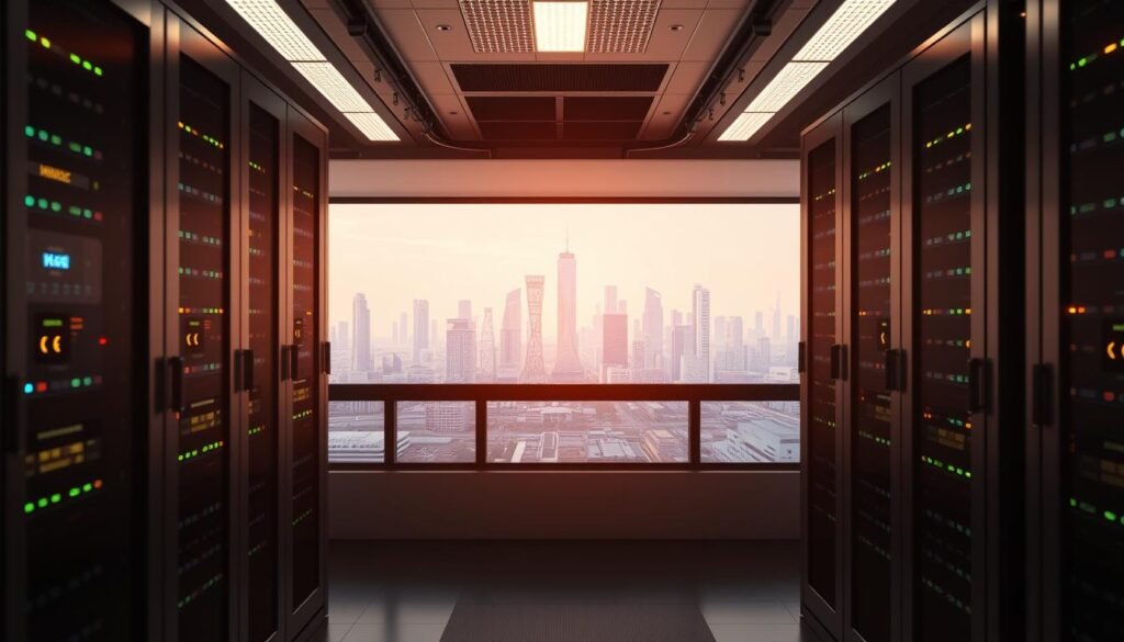 A secure data processing center, bathed in a soft, ambient glow. In the foreground, servers hum quietly, their diodes blinking with digital activity. The middle ground features state-of-the-art security measures - biometric scanners, encrypted network cables, and a serene, minimalist aesthetic. In the background, a panoramic view of a sleek, futuristic cityscape, with skyscrapers and gleaming infrastructure, conveying a sense of technological progress and innovation. The lighting is precise, with highlights accentuating the clean lines and cutting-edge technology. The overall mood is one of safety, security, and technological advancement, reflecting the privacy-first design principles of the subject matter.