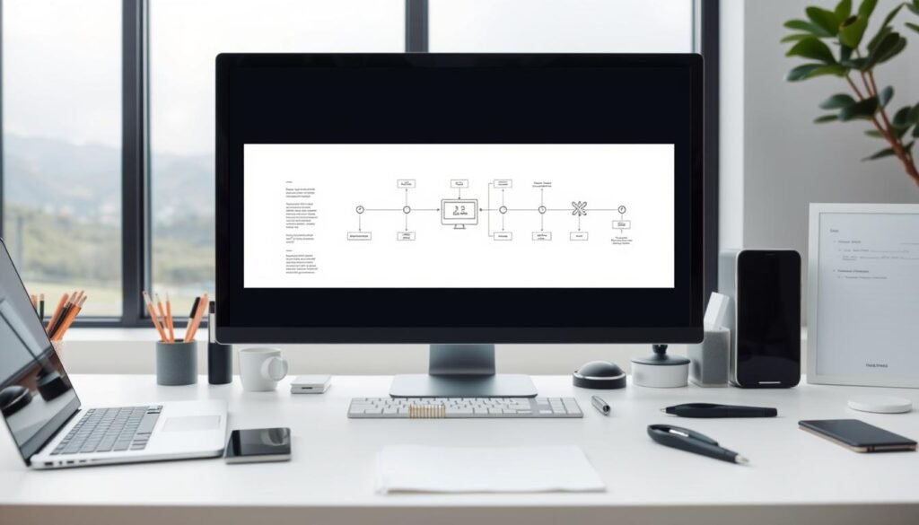 A serene and organized workspace with a clean, minimalist aesthetic. In the foreground, a laptop and smartphone symbolize the digital tools used for automation. Centered on the desk, a workflow diagram visualizes the step-by-step process, depicted with clean lines and intuitive icons. In the middle ground, several office supplies and a notebook suggest the human element involved in the automation process. The background features a large window overlooking a tranquil, natural landscape, conveying a sense of balance and focus. Soft, diffused lighting creates a calm, productive atmosphere. The overall scene reflects the ease and efficiency of the automation workflow.