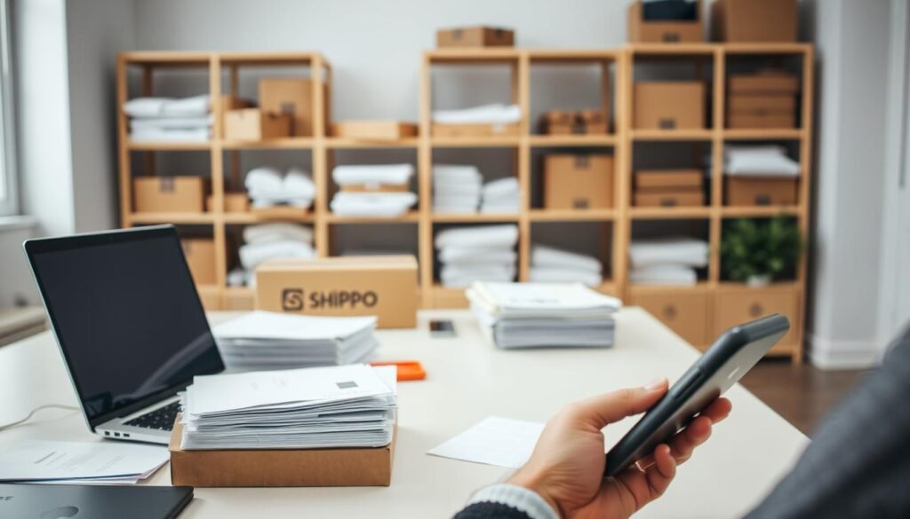 A serene office setting with a prominent desk featuring a laptop, stacks of paperwork, and a shipping box. In the background, shelves hold neatly organized shipping supplies. The lighting is soft and diffuse, creating a calm, productive atmosphere. In the foreground, a person's hands are using a mobile device, likely managing shipment details to save time and money. The composition emphasizes efficiency, organization, and the convenience of integrated shipping solutions like Shippo.