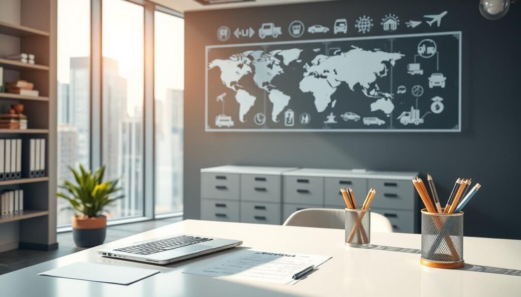 A sleek and modern office interior with a focus on logistics and order management. In the foreground, a clean desk with a laptop, documents, and a pen holder showcasing the "إدارة الطلبات والشحن" theme. On the wall behind, a minimalist display showcases shipping icons and graphics, creating a sense of organization and efficiency. The lighting is soft and natural, casting a warm glow over the scene. The middle ground features bookshelves and filing cabinets, hinting at the comprehensive nature of the logistics solutions. The background depicts a large window overlooking a bustling cityscape, reinforcing the idea of a well-connected, global operation.