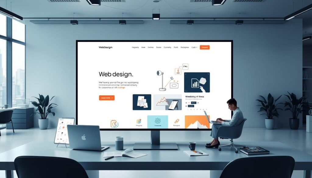A sleek and modern web design studio in a minimalist style, with a large central display showcasing a responsive, mobile-friendly website. The foreground features elegant typography, clean iconography, and vibrant color accents that highlight the professional, high-quality nature of the web design services. The middle ground depicts a team of web designers collaborating on laptops, surrounded by wireframes, prototypes, and design tools. The background has a soft, blurred cityscape or office environment, suggesting a dynamic, technology-driven setting. The overall mood is one of creativity, innovation, and expertise in web design.