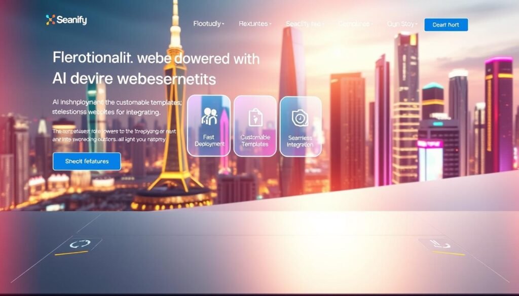 A sleek, futuristic website showcasing the benefits of AI-powered web development. In the foreground, a clean, minimalist interface with intuitive icons and a dynamic, responsive layout. The middle ground features a series of glowing holographic panels displaying key features like fast deployment, customizable templates, and seamless integration. In the background, a vibrant cityscape with towering skyscrapers and glowing neon accents, symbolizing the cutting-edge technology powering the website. The scene is bathed in a warm, inviting glow, creating an atmosphere of efficiency, innovation, and ease of use.