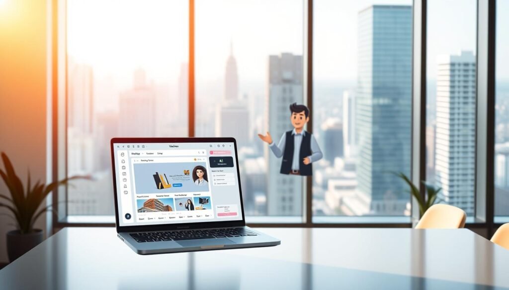 A sleek, minimalist website builder interface floating in a serene, modern office setting. The foreground features a laptop display showcasing a drag-and-drop website editor, with intuitive controls and AI-powered design suggestions. The middle ground depicts a virtual assistant avatar, gesturing to explain the software's features. The background has floor-to-ceiling windows overlooking a vibrant cityscape, bathed in warm, natural lighting that creates a sense of productivity and innovation. The overall atmosphere conveys the ease and efficiency of AI-driven web development.