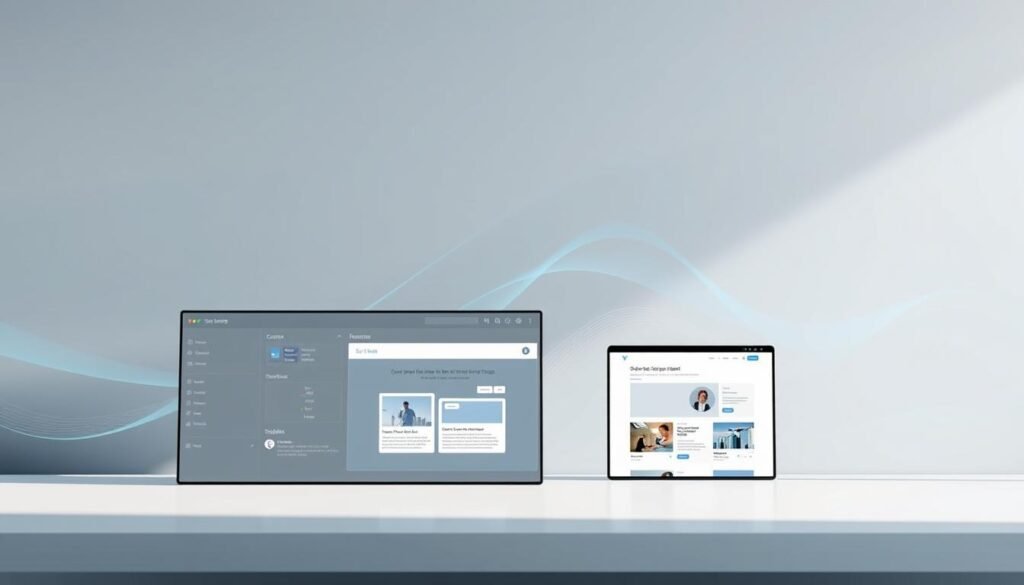 A sleek, modern AI-powered website interface showcasing key features of SitesGPT.com. In the foreground, a minimalist dashboard displays intuitive controls and customizable options. The middle ground features responsive mockups of webpages, highlighting SitesGPT's design capabilities. In the background, a fluid, abstract visualization symbolizes the AI-driven algorithms powering the platform. Soft, diffused lighting creates a clean, professional atmosphere, while a subtle color palette of blues and grays conveys a sense of advanced technology. The overall composition strikes a balance between form and function, reflecting SitesGPT's mission to deliver effortless, AI-enhanced web development.