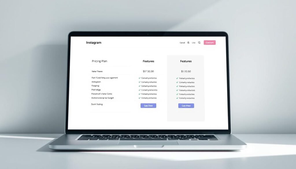 A sleek, modern Instagram pricing plans dashboard displayed on a silver laptop against a minimalist backdrop. The plan options are neatly arranged with clear pricing, features, and call-to-action buttons. The layout is clean and visually appealing, with subtle gradients and shadows adding depth. Soft, directional lighting illuminates the scene, casting gentle shadows and highlights to accentuate the details. The overall atmosphere is professional, sophisticated, and on-brand for a social media management service.