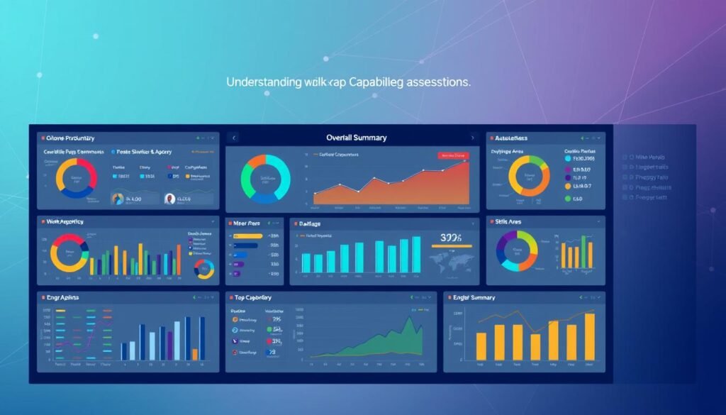 A sleek, modern dashboard displaying work capability assessment data. Vibrant colors and clean typography create a professional, analytical atmosphere. The foreground features a grid of interactive charts and graphs, each providing detailed insights into employee skills, competencies, and development areas. In the middle ground, a central panel showcases an overall performance summary, while the background subtly blends geometric patterns and subtle lighting effects to enhance the sense of technological sophistication. The layout is meticulously designed for easy navigation and data-driven decision making, perfectly suited to illustrate the "Understanding Work Capability Assessments" section.