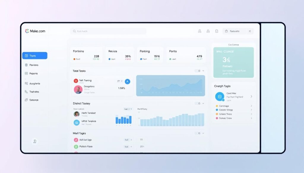 A sleek, modern dashboard interface for Make.com, showcasing its powerful automation capabilities. The foreground features a clean, minimalist layout with intuitive icons and controls, allowing users to easily navigate and configure their workflows. The middle ground displays various customizable widgets and data visualizations, providing a comprehensive overview of ongoing tasks and performance metrics. The background subtly incorporates the Make.com branding, with a soft, gradient-based color scheme that creates a calming, professional atmosphere. Soft, directional lighting enhances the depth and clarity of the interface, while a slightly elevated camera angle conveys a sense of authority and accessibility.
