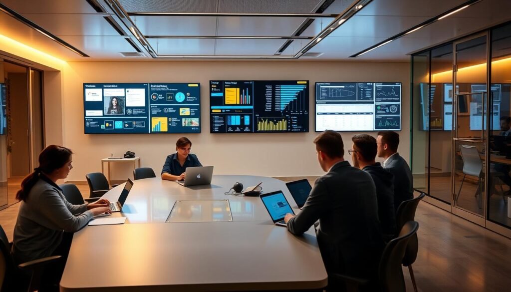 A sleek, modern office interior with a large central table. In the foreground, several people are seated around the table, laptops and tablets open, deep in discussion. The lighting is warm and focused, creating a sense of productivity and collaboration. In the background, various AI-powered transcription tools and interfaces are displayed on large screens, providing visual aids and data analysis. The overall atmosphere is one of efficiency and technological innovation, reflecting the "Key Features of Nutshell AI" described in the article.