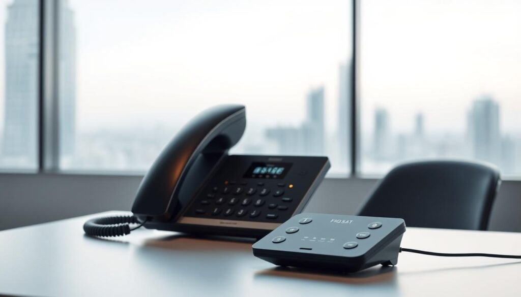 A sleek, modern virtual landline setup on a minimalist desk. In the foreground, a clean, uncluttered phone handset hovers above the desk surface, its curves and lines subtly reflecting the ambient lighting. In the middle ground, a compact base station or router sits unobtrusively, its subtle LED indicators the only visual cue. The background features a muted, out-of-focus cityscape through a large window, hinting at the connectivity and mobility of this virtual landline system. The overall scene exudes a sense of efficiency, simplicity, and a seamless fusion of technology with the modern work environment.