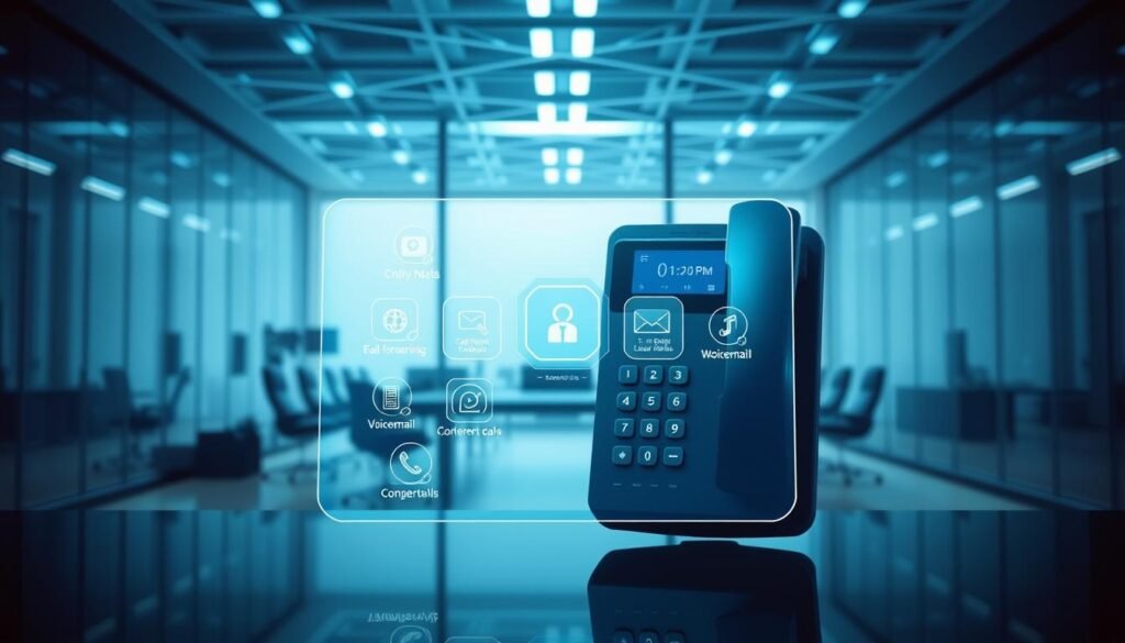 A sleek, modern virtual landline system against a backdrop of a minimalist, high-tech office. In the foreground, a transparent digital display showcases key features like call forwarding, voicemail, and conference calling. The middle ground features a stylized, holographic user interface with intuitive touch controls. In the background, a grid of interconnected networks and data streams emanate a soft, ambient glow, conveying the seamless integration of this virtual landline solution. Lighting is cool-toned and directional, creating depth and emphasizing the futuristic, digital aesthetic. The overall mood is one of efficiency, innovation, and the smooth convergence of technology and communication.