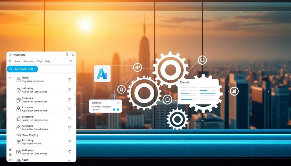 A streamlined workflow of automation tools and processes, set against a sleek, futuristic backdrop. In the foreground, a user interface showcases various automation actions, with intuitive drag-and-drop functionality. In the middle ground, a series of interconnected cogs and gears represent the seamless integration of disparate systems, enabling effortless task management. The background features a cityscape bathed in a warm, golden light, symbolizing the efficiency and productivity gained through automation. The overall scene conveys a sense of effortless control, where technology enhances and empowers the user's ability to streamline their tasks and workflows.