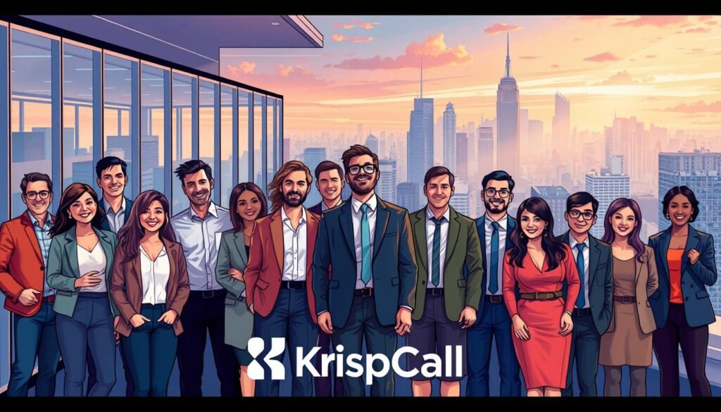 A vibrant and dynamic illustration showcasing the success stories of KrispCall customers. In the foreground, a diverse group of business professionals - from entrepreneurs to enterprise leaders - stand proudly, their faces alight with joy and accomplishment. They are surrounded by a backdrop of sleek, modern office spaces and bustling city skylines, conveying a sense of growth, innovation, and prosperity. The lighting is warm and inviting, casting a soft glow over the scene and creating an atmosphere of positivity and optimism. The composition is balanced and visually appealing, with the customers taking center stage and the KrispCall branding subtly incorporated into the design. The overall impression is one of triumph, partnership, and the transformative power of reliable cloud-based communication solutions.