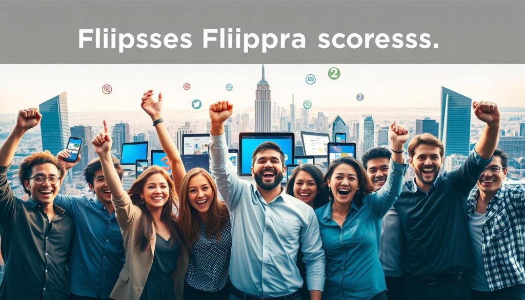 A vibrant and dynamic scene showcasing the success stories of Flippa users. In the foreground, a group of entrepreneurs celebrate their achievements, their expressions radiating pride and accomplishment. The middle ground features a collage of digital devices, websites, and app interfaces, symbolizing the diverse range of online businesses they have built and sold. In the background, a skyline of modern skyscrapers and a bustling city, representing the global reach and impact of their entrepreneurial endeavors. The lighting is warm and inviting, casting a glow of prosperity and optimism. The overall composition conveys a sense of energy, dynamism, and the empowering potential of the Flippa marketplace.