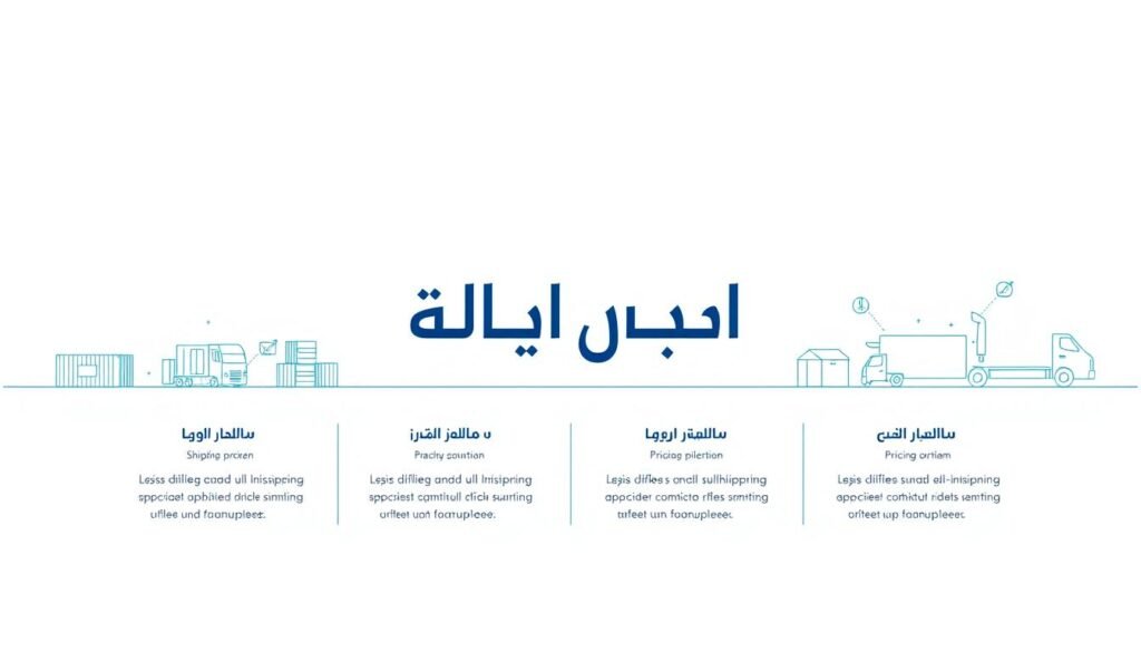 A vibrant and informative infographic depicting "خطط تسعير الشحن". Set against a minimalist white background, the foreground features a series of sleek and modern pricing plan icons in shades of blue, green, and gray. The middle ground showcases a bold title rendered in elegant Arabic calligraphy, complemented by concise English descriptions of the various pricing tiers. In the background, subtle line drawings of shipping containers, trucks, and other logistics symbols create a sense of context and industry. The overall composition conveys a professional, high-tech aesthetic that effectively communicates the details of the shipping pricing plans.