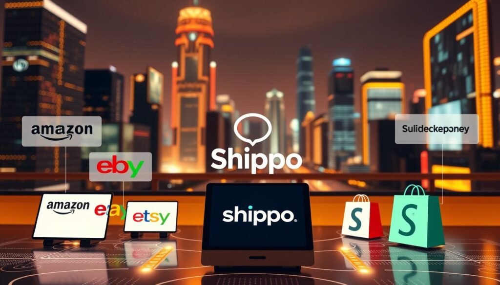 A vibrant e-commerce marketplace with seamless integrations. In the foreground, various online sales platforms like Amazon, eBay, Etsy, and Shopify are connected through APIs, symbolizing a unified, streamlined workflow. The middle ground showcases a Shippo logo, representing the integration of shipping services. In the background, a futuristic, tech-infused cityscape with glowing skyscrapers and holograms, reflecting the advanced, digital nature of modern e-commerce. Warm lighting casts a professional, trustworthy atmosphere, and the camera angle is slightly elevated to convey a sense of efficiency and interconnectivity.