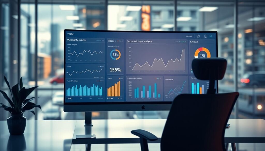 A vibrant, high-contrast work capability analytics dashboard, showcasing key performance metrics and insights. The foreground features a sleek, modern interface with dynamic data visualizations, including line graphs, pie charts, and progress bars, all rendered in a cool, minimalist color palette. The middle ground presents a polished, three-dimensional workspace setting, with a clean desk, ergonomic chair, and a large, high-resolution monitor displaying the dashboard. The background depicts a blurred, out-of-focus urban landscape, conveying a sense of professionalism and productivity. Crisp, directional lighting illuminates the scene, creating depth and emphasizing the dashboard's clarity and precision. The overall mood is one of efficiency, data-driven decision-making, and business optimization.