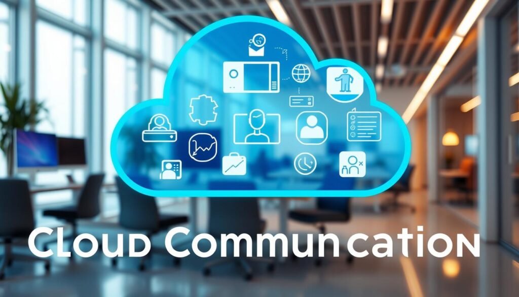 A vibrant, high-resolution image depicting the benefits of cloud communication. In the foreground, a stylized cloud-shaped icon representing the scalable, flexible, and accessible nature of cloud services. The middle ground showcases various productivity tools and collaboration interfaces, hinting at the enhanced efficiency and teamwork enabled by cloud-based communication. The background features a sleek, modern office setting with clean lines and warm lighting, conveying a sense of professionalism and innovation. The overall composition should strike a balance between the technical aspects of cloud computing and the human-centric benefits it provides, creating an engaging and informative visual representation of the topic.
