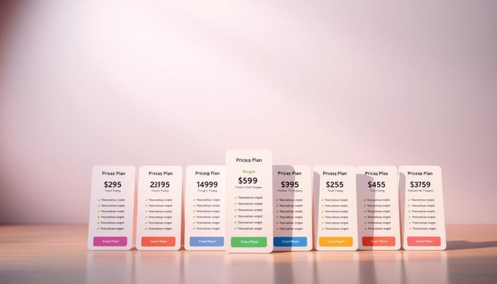 A visually striking and informative illustration of SitesGPT.com's pricing plans. In the foreground, a series of neatly arranged pricing cards, each showcasing a distinct plan with clear pricing details and feature highlights. The cards are rendered in a clean, modern style with subtle gradients and highlights, creating a sense of depth and dimension. In the middle ground, a minimalist backdrop featuring a soft, blurred gradient in complementary colors, adding a sense of sophistication. The lighting is soft and even, casting gentle shadows that accentuate the three-dimensional nature of the elements. The overall composition is balanced and visually appealing, inviting the viewer to explore the pricing options in detail.