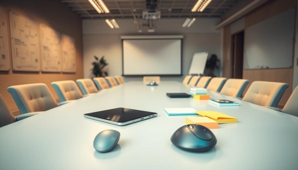 A well-lit office space with a large conference table in the foreground, surrounded by comfortable chairs. On the table, various collaboration tools are neatly arranged, including a laptop, a tablet, a wireless mouse, and a stack of sticky notes. The walls are adorned with whiteboards, and a projector screen is visible in the background, creating a professional and productive atmosphere. The lighting is warm and inviting, casting a soft glow over the scene. The perspective is slightly elevated, capturing the entire setup in a clean, organized manner, reflecting the efficiency and effectiveness of the team collaboration tools.