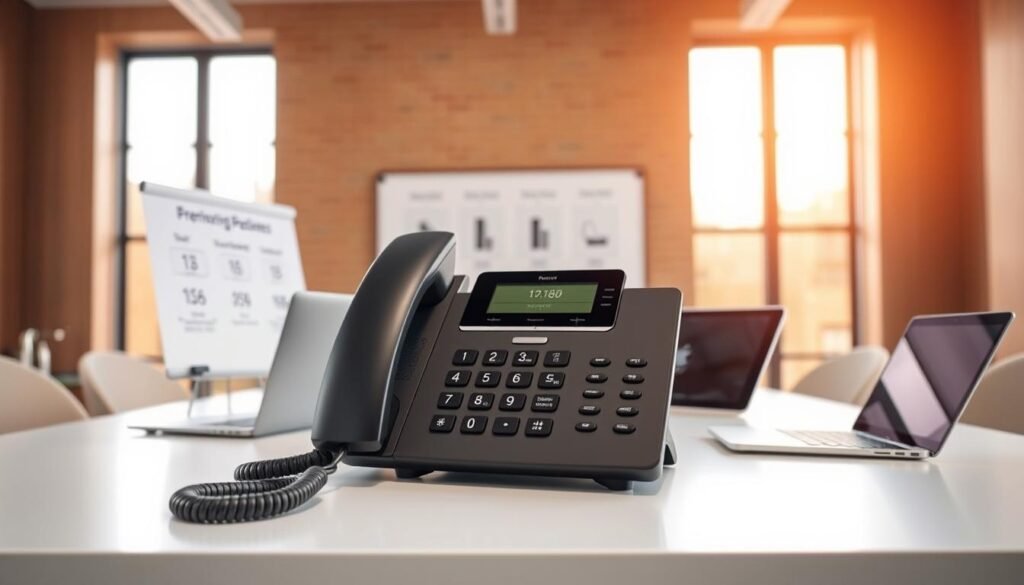 An affordable business phone solution, showcased in a sleek, modern office setting. In the foreground, a professional-grade desk phone with a minimalist design, its matte black finish complementing the clean, minimalist aesthetic. Behind it, a laptop and tablet, hinting at the seamless integration with digital communication tools. The middle ground features a whiteboard displaying pricing plans and packages, inviting attention to the financial accessibility of this business phone solution. In the background, floor-to-ceiling windows bathe the space in warm, natural light, creating a sense of openness and productivity. The overall scene conveys a balance of functionality, simplicity, and affordability - the key attributes of an ideal business phone system.