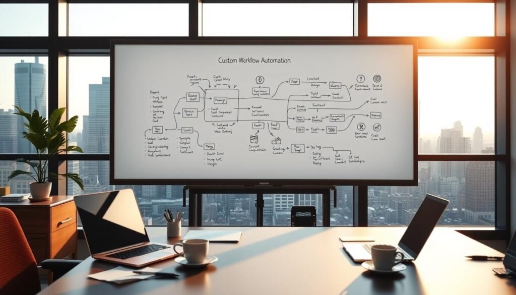 An office workspace with a large whiteboard displaying a custom workflow diagram, complete with arrows, icons, and annotations. The lighting is soft and natural, casting a warm glow over the scene. The foreground features a desk with a laptop, a cup of coffee, and a few office supplies, while the background showcases floor-to-ceiling windows overlooking a bustling city skyline. The atmosphere is one of focused productivity and innovation, reflecting the "Custom Workflow Automation" theme of the article.