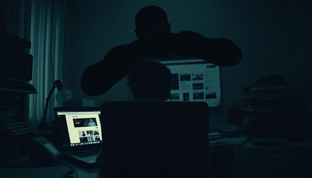 Prompt A dimly lit room, with a cluttered desk and a laptop displaying a website builder interface. The user's face is obscured, expressing frustration as they struggle to customize the layout and features. In the background, a looming shadow represents the limitations of the website builder, casting a sense of unease and restriction. The scene is captured through a vintage lens, adding a sense of nostalgic melancholy, emphasizing the user's desire for more creative control and the constraints they face.