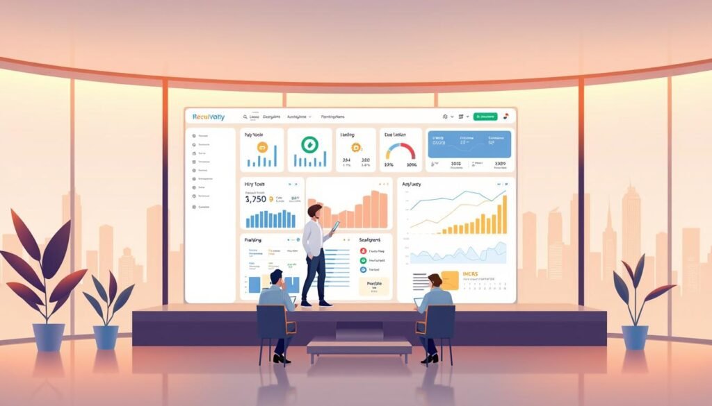 Prompt A modern, sleek and minimalist illustration depicting the integrated solution for recruitment management. In the foreground, a clean and well-organized dashboard showcases various hiring tools and analytics. The middle ground features a team of professionals collaborating on hiring processes, while the background depicts a stylized cityscape, symbolizing the wide reach and scalability of the solution. Warm lighting creates a professional and efficient atmosphere, with a focus on intuitive user experience and seamless workflow. The overall composition conveys a comprehensive, all-in-one recruitment platform that streamlines the hiring journey.