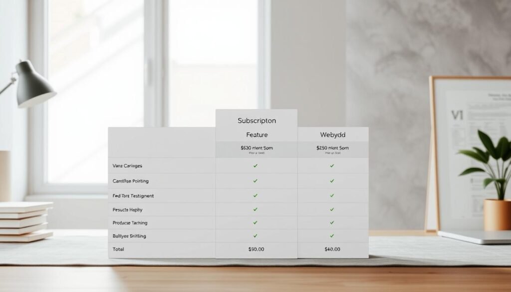 Webydo pricing plans comparison: a meticulously designed table displaying the features and costs of Webydo's subscription tiers. The table occupies the center of the frame, backlit by a soft, natural light filtering through a window. The background is a minimalist, neutral-toned workspace, with subtle textures and patterns adding visual interest. The table itself is clean and elegant, with clearly delineated columns and rows showcasing the key plan details. The overall composition is balanced and visually appealing, drawing the viewer's attention to the comparative information at the heart of the image.