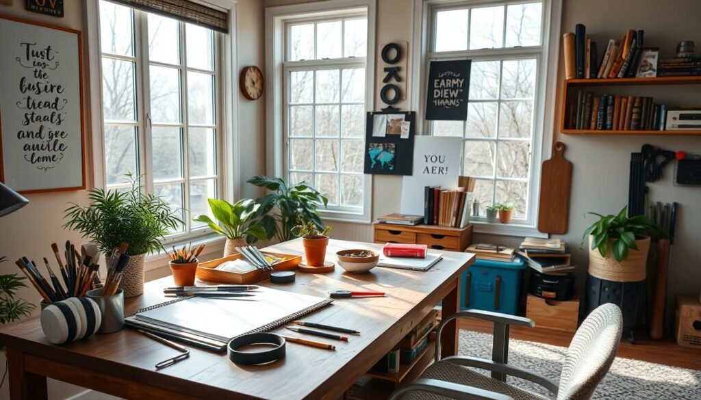 A cozy and inviting home workspace, filled with natural light from large windows. On a wooden desk, various art supplies and craft materials are neatly arranged, including brushes, paints, and a sketchpad. A small potted plant adds a touch of greenery, and a pair of headphones suggests the enjoyment of music while learning new skills. The walls are adorned with inspirational art and shelves holding books and tools, creating an atmosphere of creativity and productivity. The overall scene evokes a sense of focused, mindful exploration of new hobbies and the joys of lifelong learning within the comfort of one's own home.