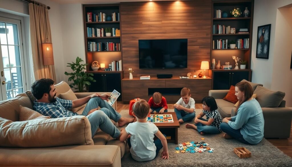 A cozy living room with a group of friends and family engaged in various home entertainment activities. In the foreground, a couple lounging on a plush sofa, playing a board game. In the middle ground, a group of children sitting on the floor, building a puzzle together. The background features a well-stocked bookshelf, a large flat-screen TV, and warm, ambient lighting casting a soft glow throughout the space. The overall atmosphere is one of relaxation, togetherness, and pure enjoyment of simple pleasures in the comfort of a welcoming home environment.