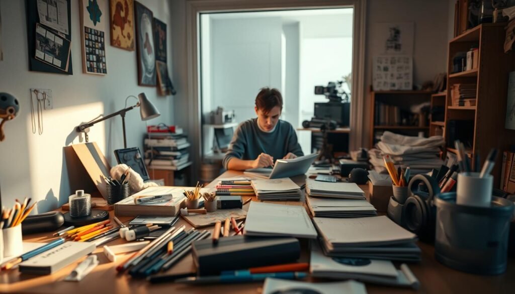 A cozy yet focused home workspace, with a person sitting at a desk surrounded by various hobby supplies and equipment. Soft, warm lighting illuminates the scene, casting gentle shadows. In the foreground, crafting tools, sketchbooks, and other hobby-related items are neatly organized, reflecting the challenges of maintaining an organized workspace while pursuing multiple interests. The middle ground features the person deeply engaged in their current project, demonstrating the focus and dedication required to overcome the obstacles of balancing hobbies. The background depicts a serene, minimalist interior, suggesting the importance of creating a calming environment to foster creativity and productivity despite the demands of diverse hobbies.