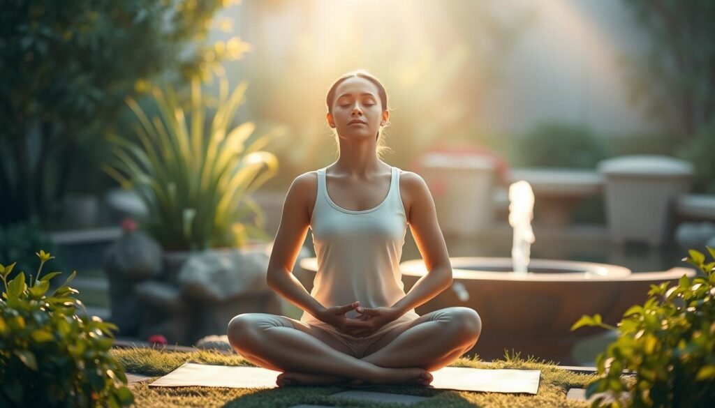 A serene and tranquil scene of a person practicing mindfulness and meditation, seated in a peaceful garden surrounded by lush greenery and calming natural elements. Warm, diffused lighting casts a soft glow, evoking a sense of inner peace and mental well-being. The figure is in a relaxed lotus position, eyes closed, hands resting gently in their lap, embodying a state of focused concentration and mental clarity. The background features a calming water feature, such as a small pond or fountain, further contributing to the overall atmosphere of serenity and mental clarity. The composition is balanced and harmonious, conveying the importance of mental health and the benefits of mindful practices.