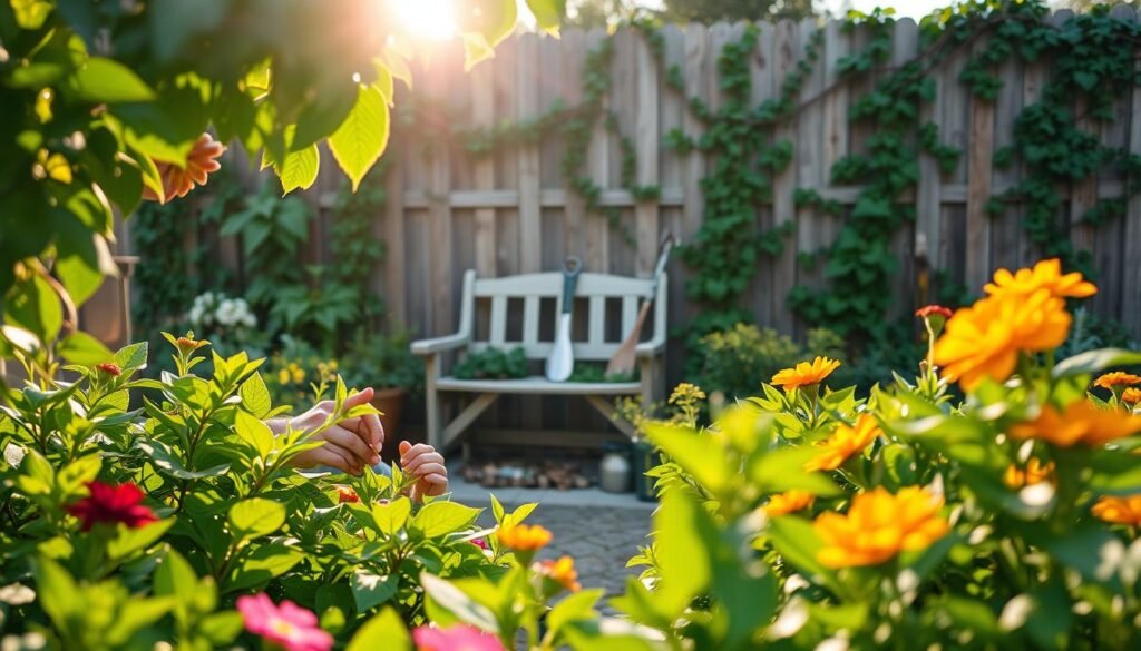 A serene outdoor garden scene, with lush greenery and vibrant flowers in the foreground. A person tenderly tending to their plants, their face calm and focused as they work. The sun filters through the leaves, casting a warm, natural light across the scene. In the middle ground, neatly arranged gardening tools and a small bench invite the viewer to pause and appreciate the tranquility. The background features a wooden fence or trellis, entwined with climbing vines, creating a sense of privacy and enclosure. The overall atmosphere is one of peace, rejuvenation, and a deep connection to nature.